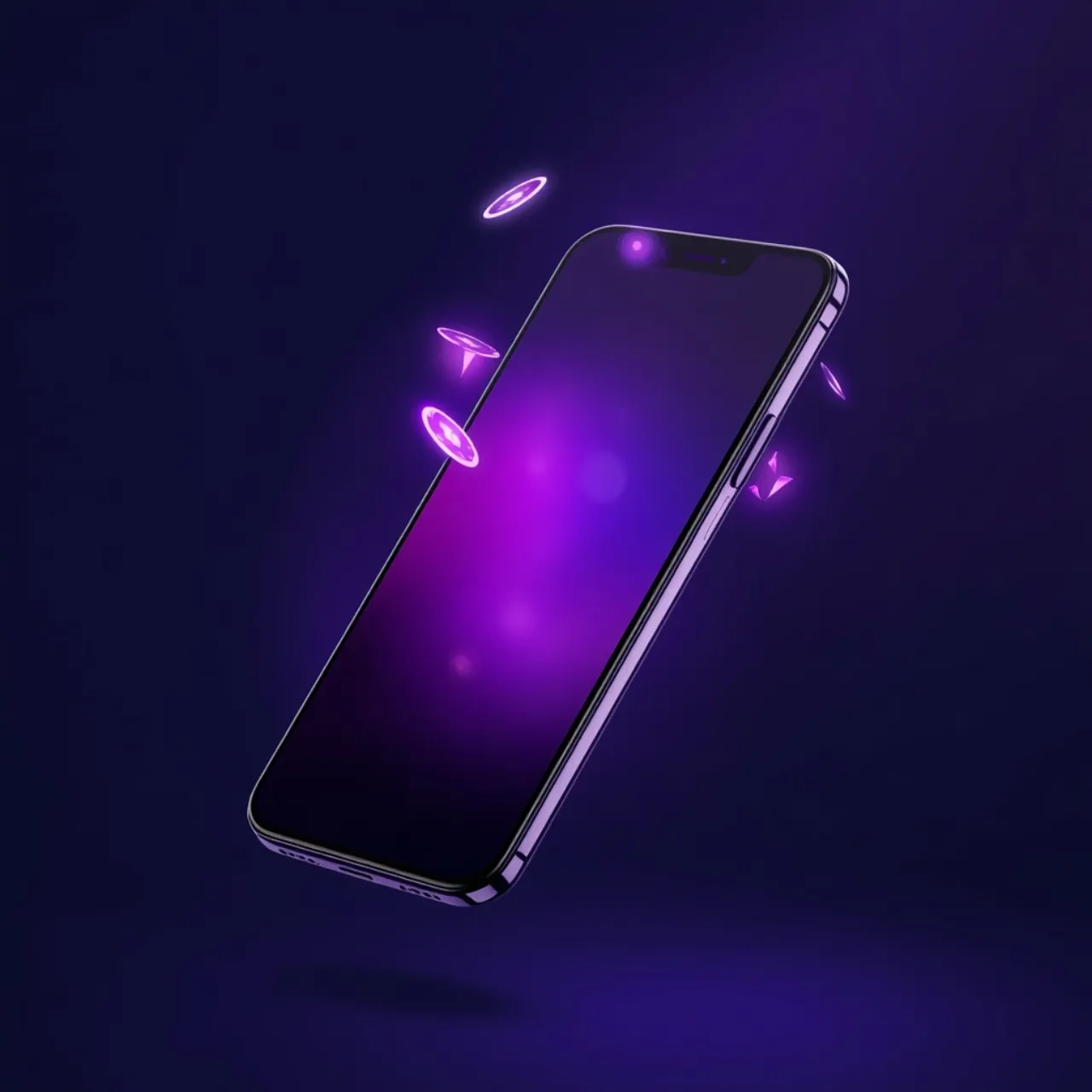 Smartphone con la app de SG Casino flotando con iconos de juego en violeta