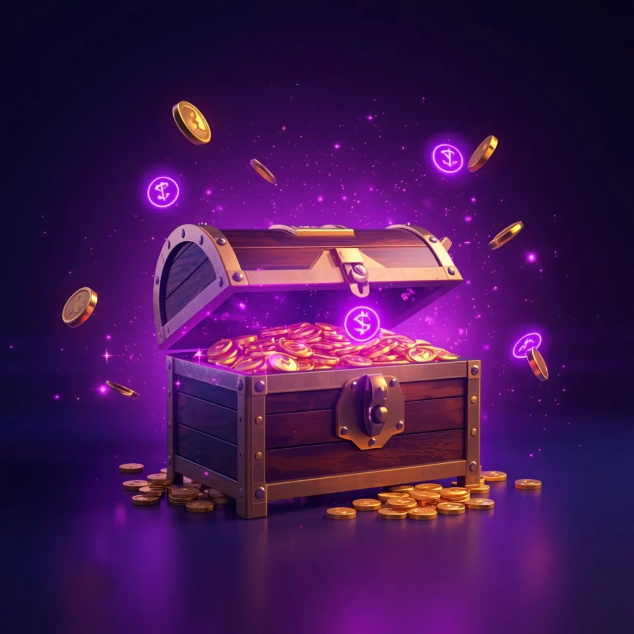 Cofre del tesoro repleto de monedas doradas con aura violeta de SG Casino