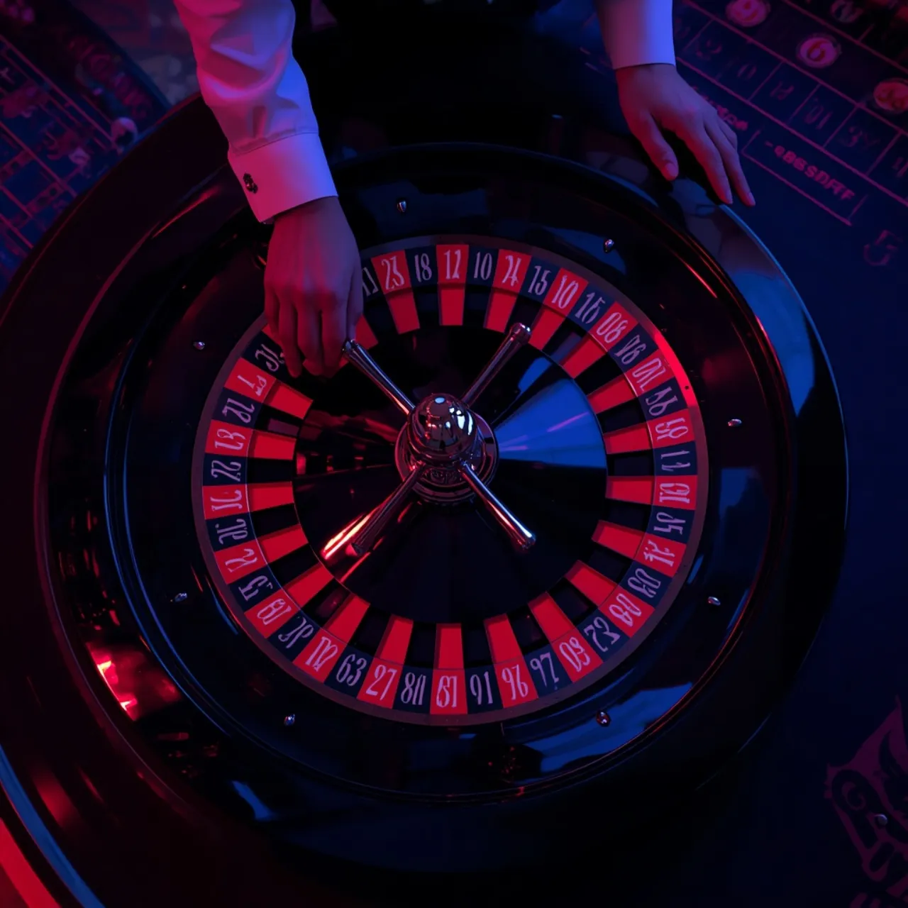 Mesa de ruleta en vivo con luces violetas, bola dorada en movimiento