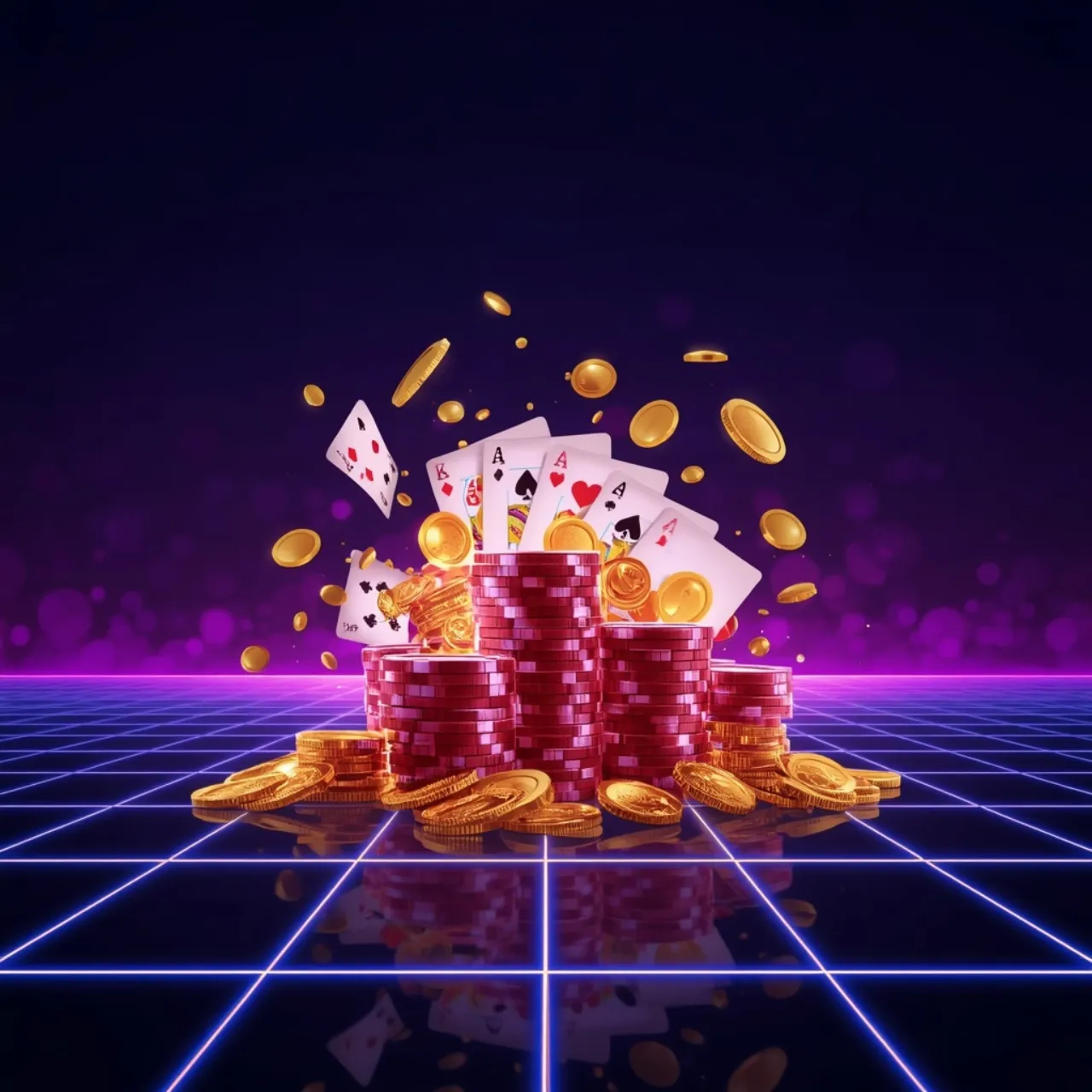 Mesa de casino premium con fichas, cartas y monedas doradas en una iluminación violeta e índigo