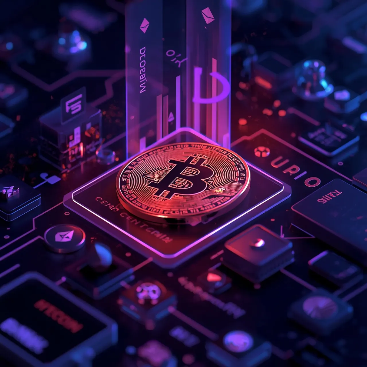 Monedas cripto Bitcoin y Ethereum flotando junto a tarjetas y wallet digital