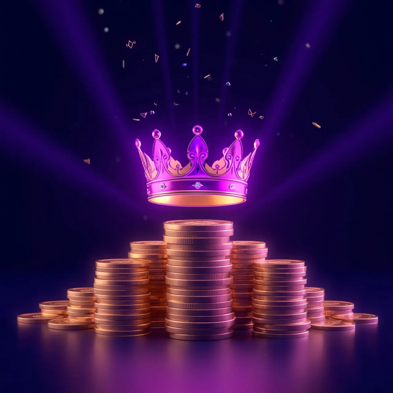 Corona violeta y dorada flotando sobre monedas, concepto del programa VIP