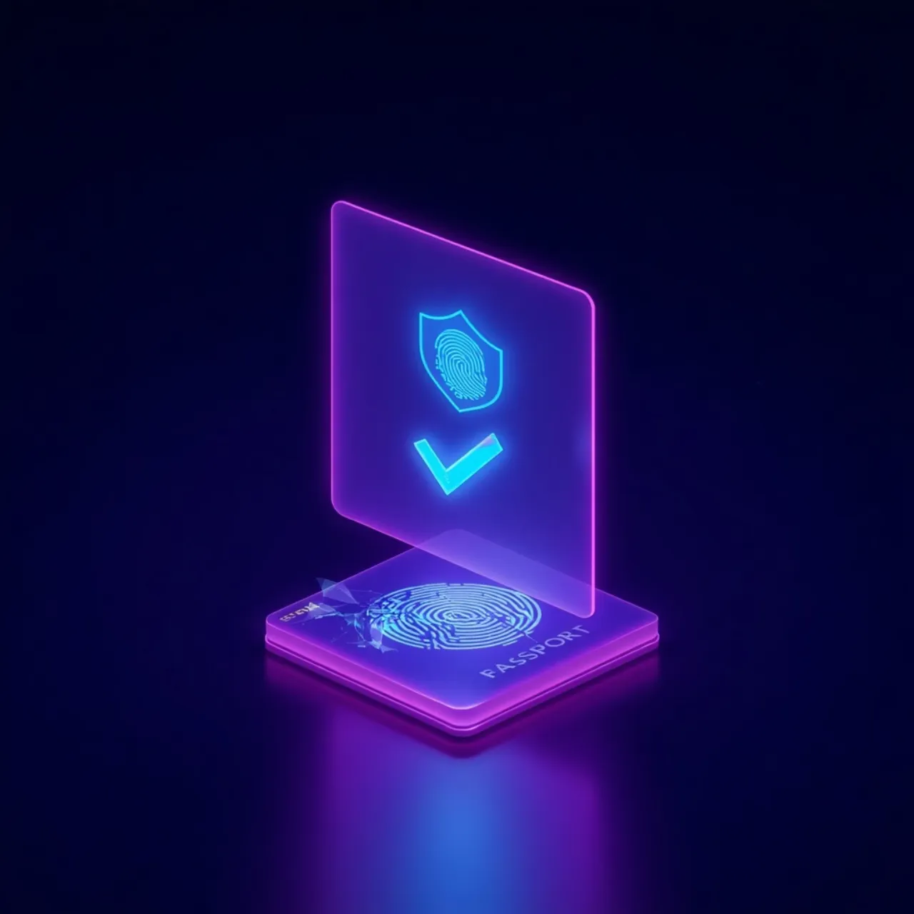 Hologramas de DNI y verificación de identidad con escudo de seguridad en violeta