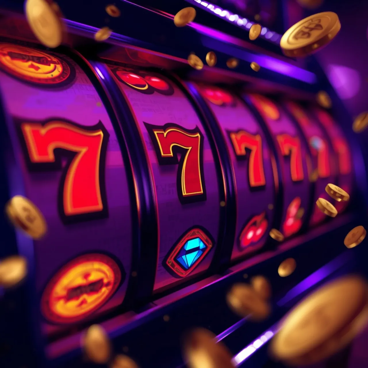 Rodillos de tragaperras premium con símbolos 7 dorados y luces violetas